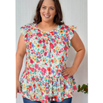 Multi Color Floral Ruffle Sleeve Plus Size Top