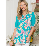 Turquoise Floral Print Short Sleeve Plus Size Top