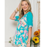 Turquoise Floral Print Short Sleeve Plus Size Top