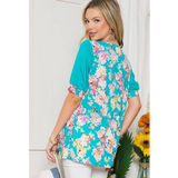 Turquoise Floral Print Short Sleeve Plus Size Top