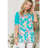 Turquoise Floral Print Short Sleeve Plus Size Top