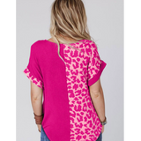 Pink & Leopard Animal Print Half Spliced Short Sleeve Top