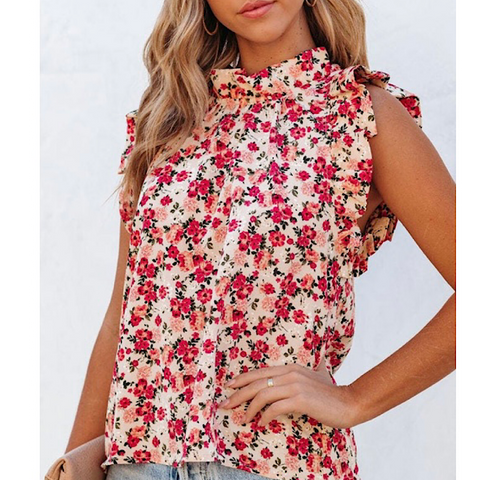Red & Pink Tiny Floral Print Ruffled Sleeveless Blouse