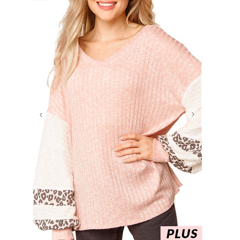 Blush Ribbed Knit Animal Accent Plus Size Top