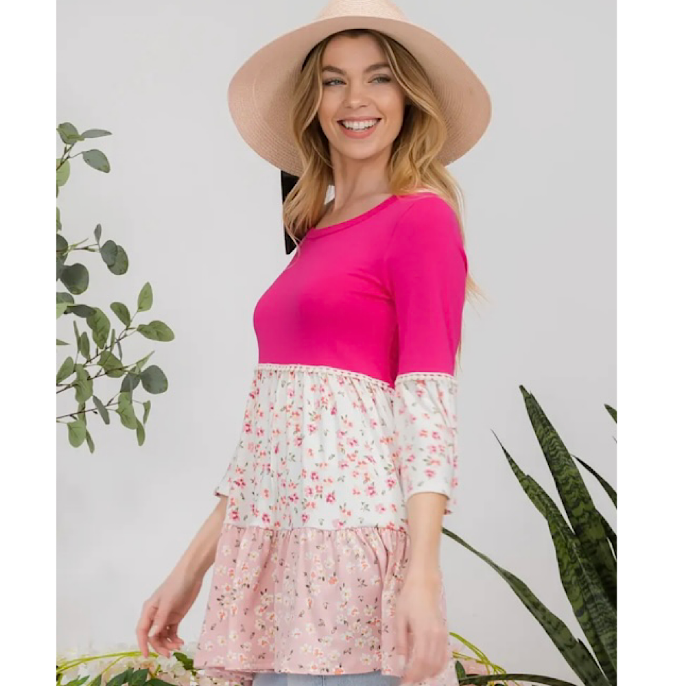 Phalaenopsis Flower Patch Colorblock Plus Size Pullover Top main image 0