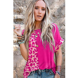 Pink & Leopard Animal Print Half Spliced Short Sleeve Top