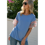 Periwinkle with Chiffon Floral Ruffle Sleeves  Plus Size Top