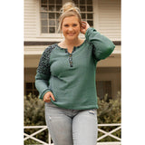 Mist Green with Leopard Waffle Knit Henley Plus Size Top