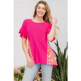 Fuchsia with Multi Color Leopard Accents Short Sleeve Plus Size Top