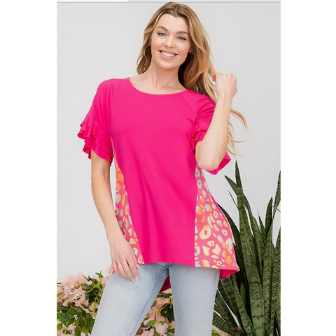 Fuchsia with Multi Color Leopard Accents Short Sleeve Plus Size Top