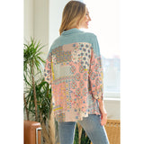 Blue with Patchwork Floral Print Button Front Shacket