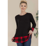 Black with Buffalo Plaid Curved Hem Long Sleeve Plus Size Top