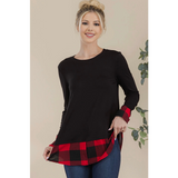 Black with Buffalo Plaid Curved Hem Long Sleeve Plus Size Top