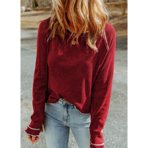 Red Textured Knit Long Sleeve Top