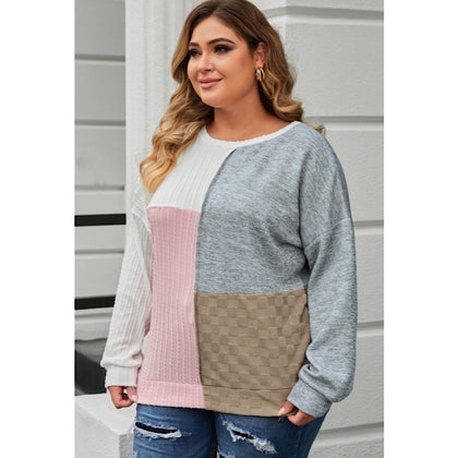 Long Sleeve Multicolor Cable Knit Color Block Plus Size Top