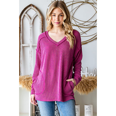 Fuchsia Ribbed Knit Long Sleeve High Low Plus Size Top