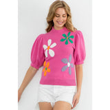 Bright Pink Floral Short Bubble Sleeve Sweater Knit Top