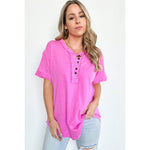 Pink Raw Edge Button Henley Short Sleeve Top