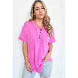 Pink Raw Edge Button Henley Short Sleeve Top