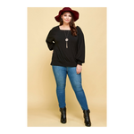 Black Long Sleeve Square Neck Plus Size Top