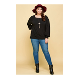 Black Long Sleeve Square Neck Plus Size Top