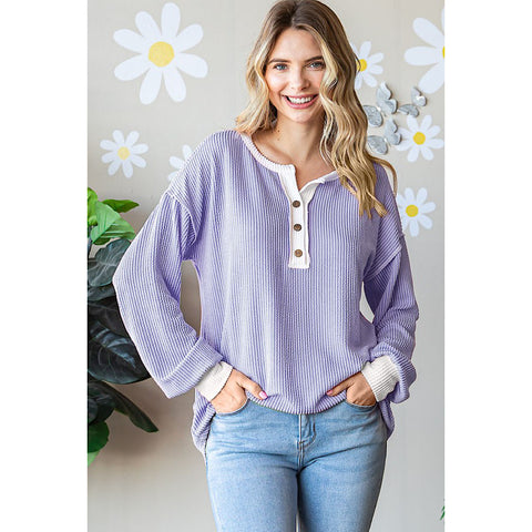 Lilac Ribbed Long Sleeve Henley Top