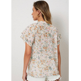 Small Floral Henley Style Short Ruffle Sleeve Blouse Top