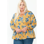 Mustard/Blue Floral Long Sleeve Plus Size Top