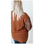 Solid Rust and Paisley Contrast Puff Sleeve Plus Size Top