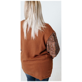 Solid Rust and Paisley Contrast Puff Sleeve Plus Size Top