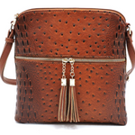 Tan Ostrich Croc Zip Tassel Crossbody Purse