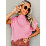 Pink Patch Pocket Ribbed Knit Short Sleeve Sweater Top