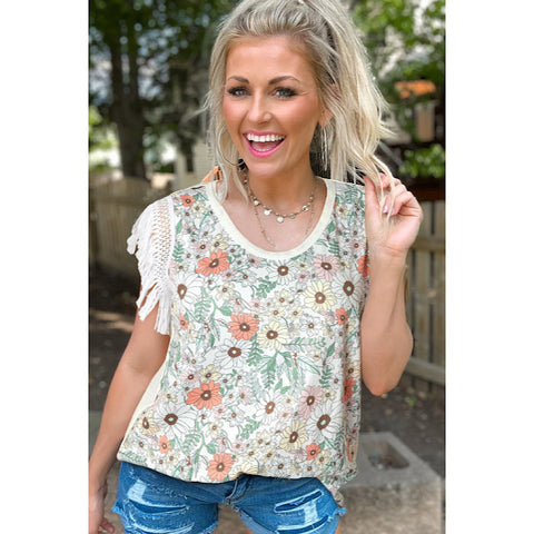 White Floral with Crocheted Lace Fringe Top