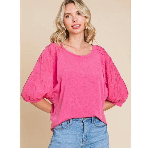 Pink with Texture Stitched Half Sleeve Plus Size Top