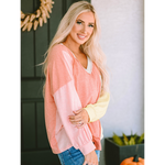 Peach Color Block with Stripe Accents Long Sleeve Top
