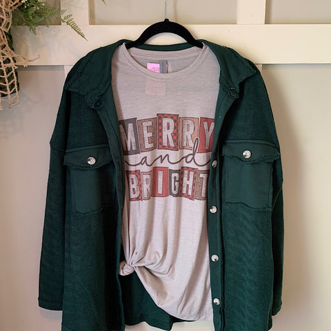 Merry and Bright Graphic T-Shirt and Green Shacket Set