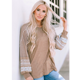 Beige with Lace Print and Stripes Long Sleeve Raglan Top