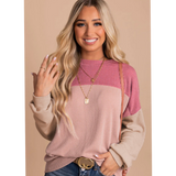 Pink Color Block Long Sleeve Ribbed Top