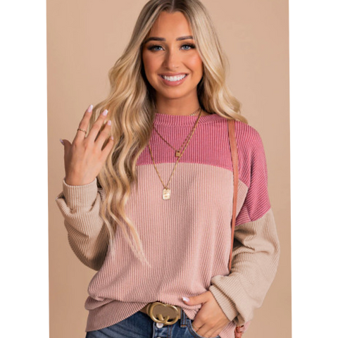 Pink Color Block Long Sleeve Ribbed Top