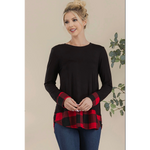 Black with Buffalo Plaid Curved Hem Long Sleeve Plus Size Top