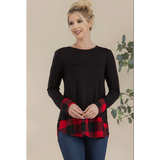 Black with Buffalo Plaid Curved Hem Long Sleeve Plus Size Top