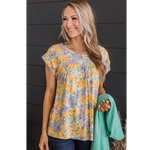 Yellow and Purple Floral Short Sleeves Blouse Top