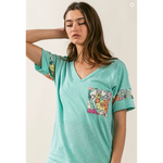 Mint Floral Accent Pocket Short Sleeve Top