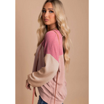 Pink Color Block Long Sleeve Ribbed Top