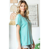 Aqua Ribbed Short Sleeve Henley Top