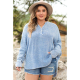 Light Blue Long Sleeve Split Neck Crinkled Plus Size Blouse