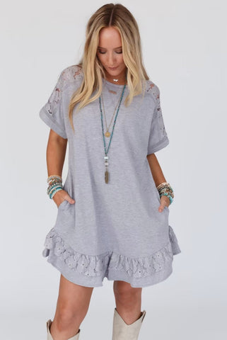 Light Grey Lace Floral Patchwork Ruffled T-Shirt Dress