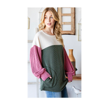 Green & Pink Ribbed Knit Pockets Top