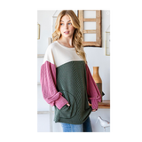 Green & Pink Ribbed Knit Pockets Top