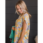 Yellow and Purple Floral Short Sleeves Blouse Top